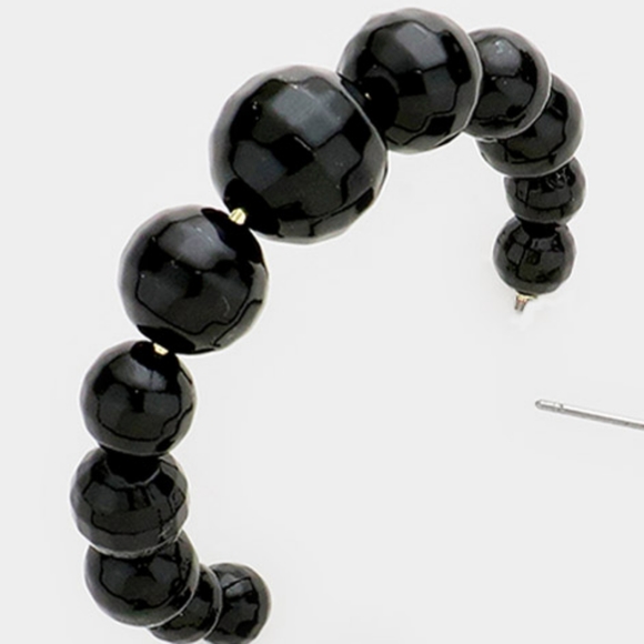 Black Ball Beaded 2" Cluster Round Hoop Earrings Disco Womens Fashion Jewelry - Picture 2 of 3